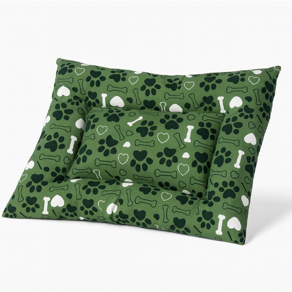 Cama Acolchonada para Mascotas Verde - Huellitas Blancas y Verdes Oscuras